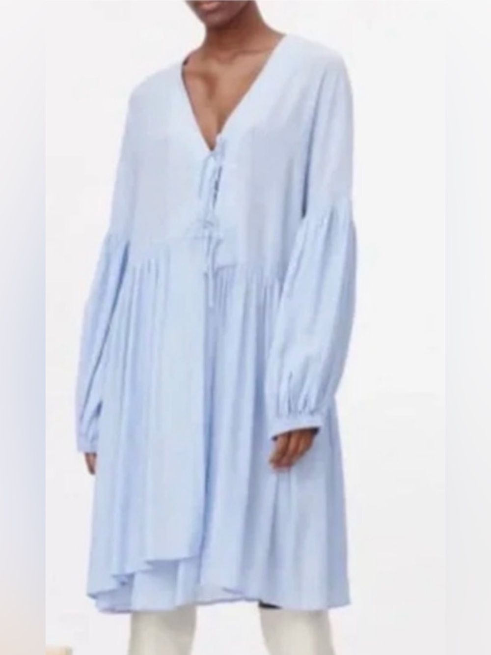 Munthe efficient Light Blue Long Sleeve V-Neck Babydoll Dress